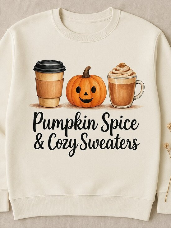 Unbranded Tops - Pumpkin Spice & Cozy Sweaters Crewneck Sweatshirt, Fall Coffee Pumpkin Pullover,